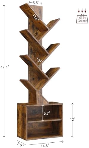 SUNMORY 6 Tier Tree Bookshelf, Tall Small Bookcase with Storage Cabinet