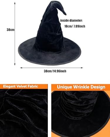 Halloween Witch Hat, Ruched Witches Hats for Women Wizard Hats Halloween Costume Accessories Cosplay Party Decorations Favors