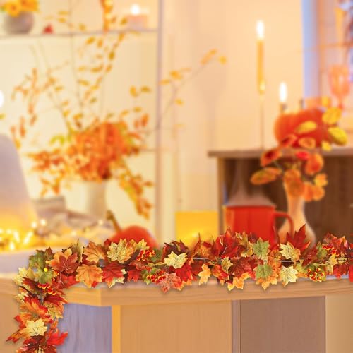 4Pack 23.6FT Red Fall Garland with Berries Maple Leaves for Autumn Decor