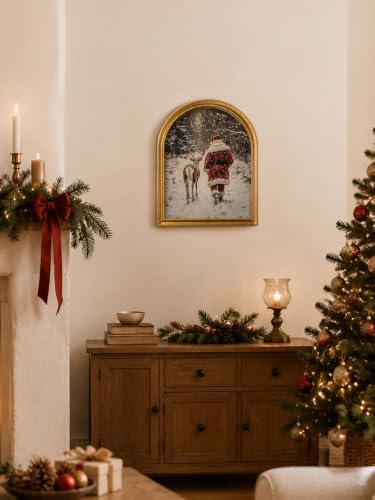 TwoDays Vintage Christmas Santa 11" x 13.8" Gold Arched Framed Wall Art