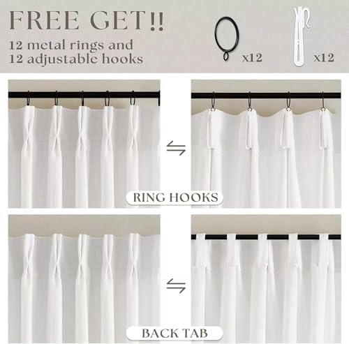 TWODRAPES Beige White Pinch Pleated Linen 96 Inch Curtains 60 Inch Width