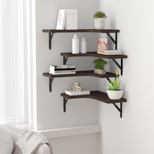 ROMGUAR CRAFT Corner Floating Shelves Wall Mounted Set of 4, Brown