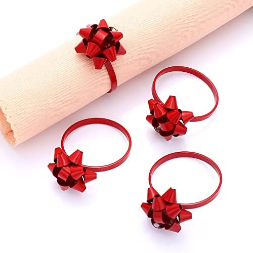 12PCS Christmas Napkin Rings Set for Table Settings, Festive Gift Bow Napkin Holder Rings for Christmas Thanksgiving New Year Party Dinner Table Decoration (12PCS Red)