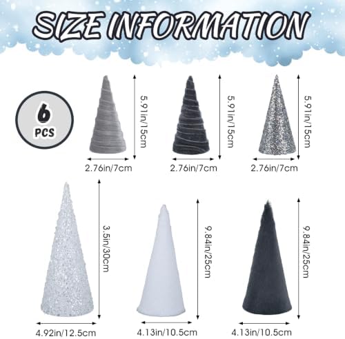 6 PCS 12" 10" 6" Christmas Silver Gray Cone Tree Decoration Christmas Glitter Sequin Furry Velvet Tree Table Centerpiece Modern Tiered Tray Ornament Xmas Tree for Home Holiday Mantle Winter Decor