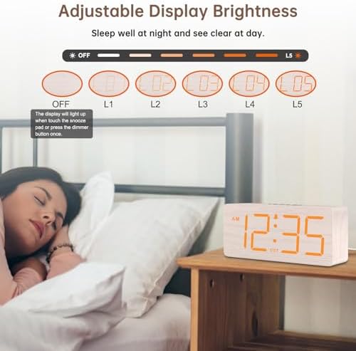 DreamSky Wooden Digital Alarm Clock for Bedroom with Large Numbers