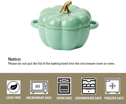 Pumpkin Bowl Set with Lid and Handle, Set of 2 Ceramic Ramekins for Baking, Casserole Dish Individual Severing Pot, Stoneware, Oven Safe, 14 Oz (Red and Green)