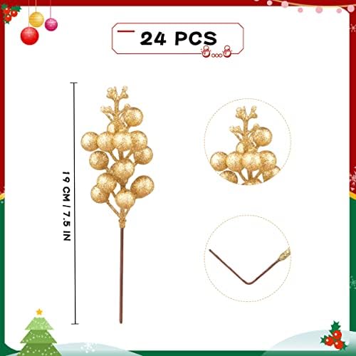 24 Pack Glitter Gold Berry Stems,7.5 Inch Christmas Sparking Gold Faux Winter Berry Sprigs,Artificial Berries Branches for Christmas Tree Garland Wreath Crafts Season Winter Home Decor