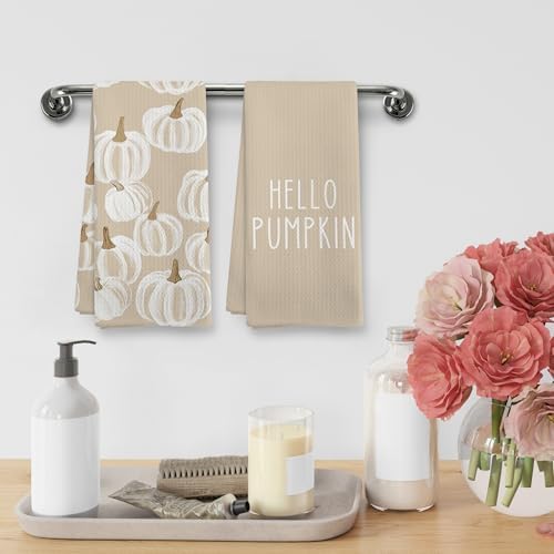 Fall Hello Pumpkin Kitchen Towels and Dishcloths Sets of 2, Fall Beige White Pumpkin Decor Decorations Dish Hand Tea Towels Gifts for Bathroom Kitchen, Autumn Aesthetic Fall Decor, 16x24 Inch