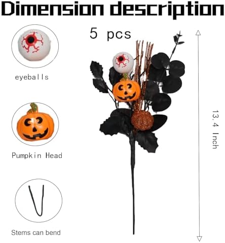 5PCS Artificial Halloween Flowers,13.4 Inch Artificial Pumpkin Maple Leaf Floral Stems Branches &Eyeball Halloween Decoration for Indoor Home Farmhouse Party Table Vase Décor