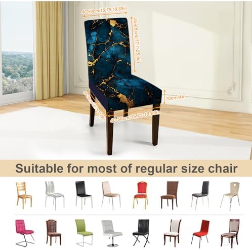 Luxury Marble Chair Covers for Dining Room – Stretch Blue and Gold Abstract Pattern Slipcovers – Modern Washable Seat Protector for Kitchen, Banquet, Office Decor, Set of 6