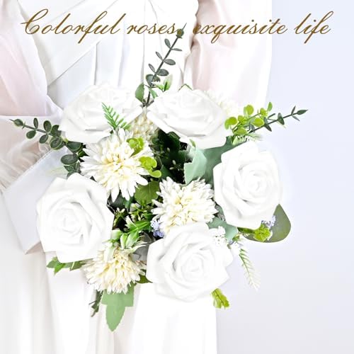 BLEUM CADE 16Pcs Artificial Flowers Fake Foam Roses with Stems for Wedding