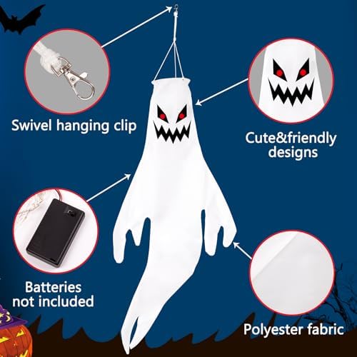 Geefuun 4PCS Purple Halloween Fierce Ghost Windsocks Hanging Decorations - 43 Inch Flag Wind Socks for Home Yard Outdoor Decor Party Supplies (Batteries Not Included,No Timer)