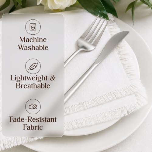 CLOUDLOOM 100% Cotton Fringe Cloth Napkins, White, Set of 6, 20"x20"