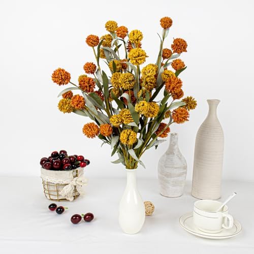 Yawwind 6 PCs Artifical Fall Flowers 17 Inches Fall Floral Picks Faux Autumn Branches with Craspedia Billy Balls Flowers for Vase Table Centerpieces Living Room Indoors Decor (Orange and Yellow)