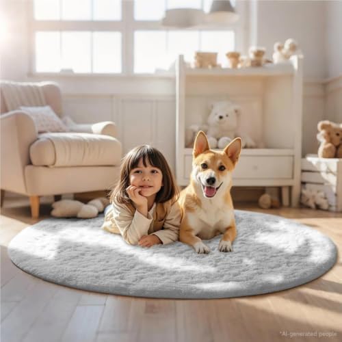 Ophanie Round Rug 6Ft White Circle Area Rug, Aesthetic Room Decor, Fluffy Fuzzy Bedroom Carpet, Plush Soft Shaggy
