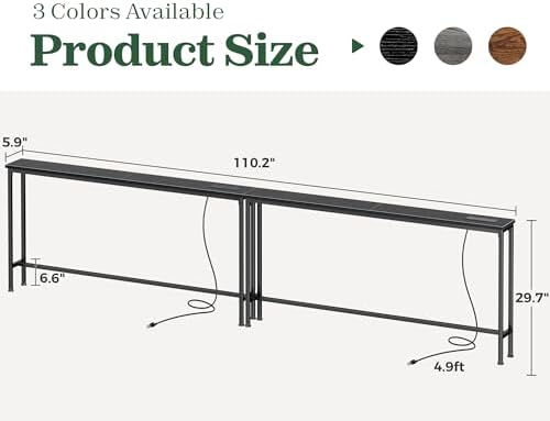 SUPERJARE 110.2 inch Narrow Behind Couch Table with Charging Stations