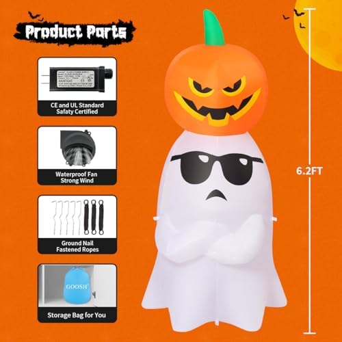 GOOSH 6.2 FT Halloween Inflatables Ghost with Pumpkin Outdoor Decorations Blow Up Yard with Built-in LEDs for Garden Lawn Indoor Party Decor