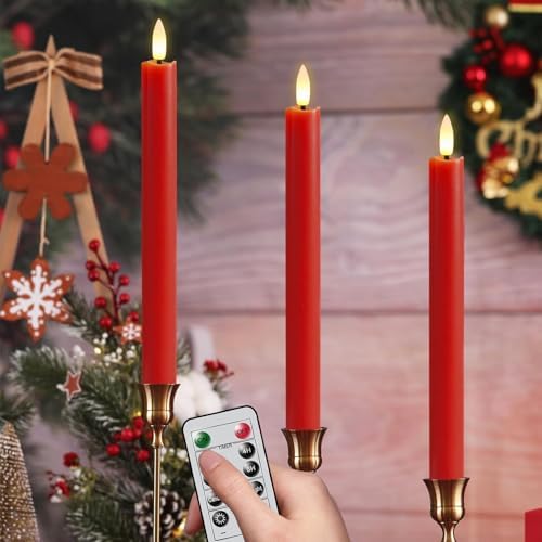 GenSwin Red Flameless Taper Candles with Remote, Real Wax Taper Candles Battery Operated, LED Flameless Candlesticks with 3D Wick for Home Halloween Christmas Holiday Decor(Set of 3, 0.78” x 9.6”)