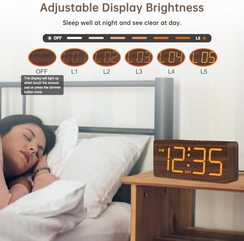 DreamSky Wooden Digital Alarm Clock for Bedroom with Large Numbers