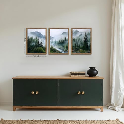 Framed Forest Wall Art Set of 3, Misty Mountain Landscape Canvas Wall Decor Paintings, Nature Tree River Scenery