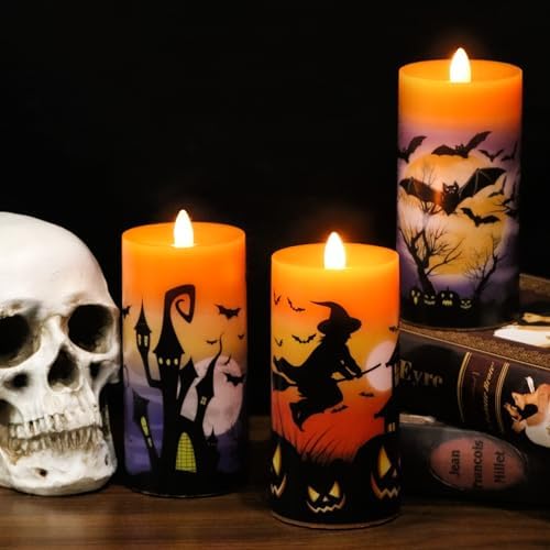 Halloween Flameless Pillar Candles Battery Operated Remote Timer