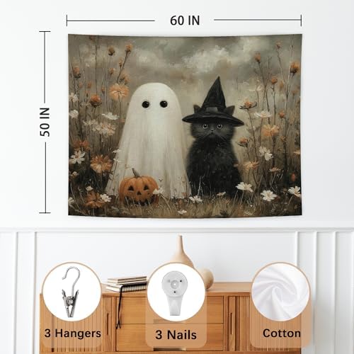 WHCHJ Halloween Ghost and Black Cat Tapestry, Gothic Witchy Cat Tapestry Wall Hanging, Whimsical Wildflower Spooky Tapestries Wall Blanket Decor for Party Home Bedroom Living Room Dorm, 50x60 Inch