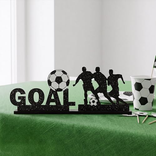 Smile Soccer GOAL Wooden Standing Decor Set, 2-Piece Black Player Silhouette & Text Tiered Tray Tabletop Signs with Stands for Game Day & Sports Party Decorations