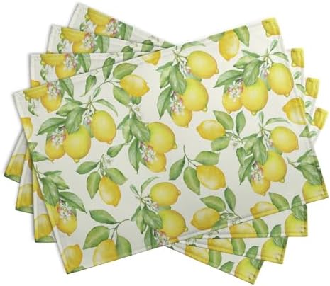 Lemon Placemats Set of 4 Summer Yellow Fruit Green Leaf Floral Linen Table Mat Rustic Farmhouse Spring Heat Resistant Non Slip Washable Place Mats for Dining Kitchen Party Decor