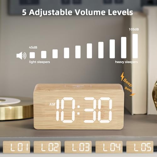 uscce Wooden Digital Alarm Clocks for Bedrooms with 0-100% Dimmable Display