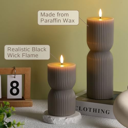 Taupe Ribbed Flameless Pillar Candles with Remote Set of 2