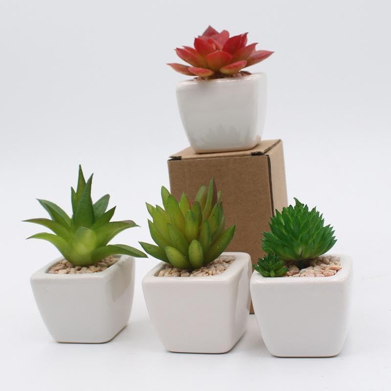 Mini Succulents Plants Artificial Fake Succulents Pots Faux Succulents Ceramic / Red / Set of 4