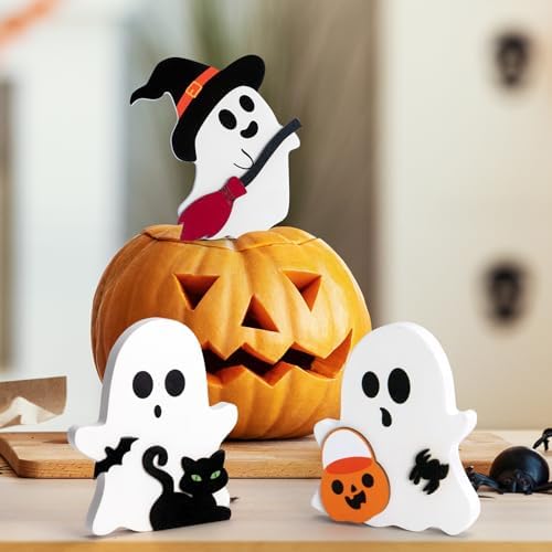 3 Pcs Halloween Ghost Decor - Cute Ghost Decorations Indoor, Wooden Tiered Tray Decor Table Sign Set, Halloween Table Decor Witch Broom Pumpkin Bat Blocks for Party Home Shelf Display