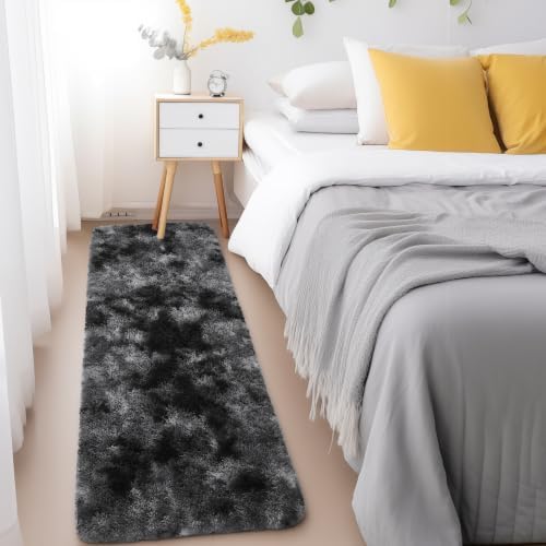 Ophanie Tie-Dyed Black & Grey Area Rugs 2x6 for Bedroom Living Room, Fluffy Shag Fuzzy Carpet, Plush Shaggy Rug, Indoor