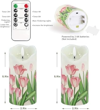 Tulip Flameless Candles Set of 2, 6"x3" Spring Candles with Remote & Timer
