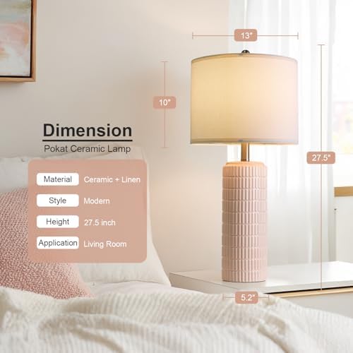 PoKat 27.5" Pink Ceramic Table Lamps for Girls Room Set of 2, Modern Bedroom Lamps, Bedside Lamps for Night Stands