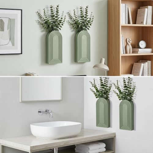 Dnnnii 2 Pack Wooden Wall Vase Set - Green Finish Modern Farmhouse & Boho Wall Decor for Entryway, Hallway, Bathroom