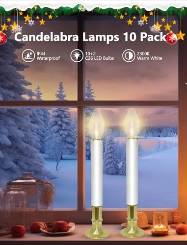 10 Pack Ultra-Bright LED Christmas Window Candles with Brass-Plated Base, Battery Operated Flameless Candles with LED C26 Warm White Bulbs Christmas Window Lights for Holiday Home Wedding Decorations
