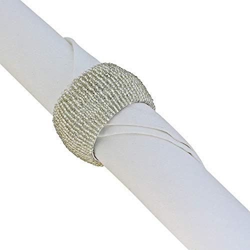 Silver Beaded Napkin Rings Set of 6 – Luxury Decorative Napkin Holders for Dining Table, Wedding, Party & Festive Table Decor – Elegant Handmade Bead Design, Durable & Reusable