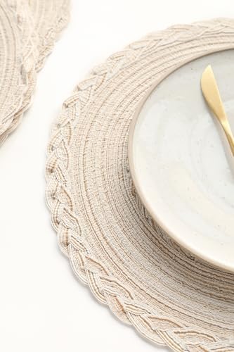 Floroom 15 Inch Round Braided Placemats Set of 4, Washable Heat Resistant Cotton Polyester Circle Boho Place Mats for Kitchen Dining Table - Canvas Beige Bordered