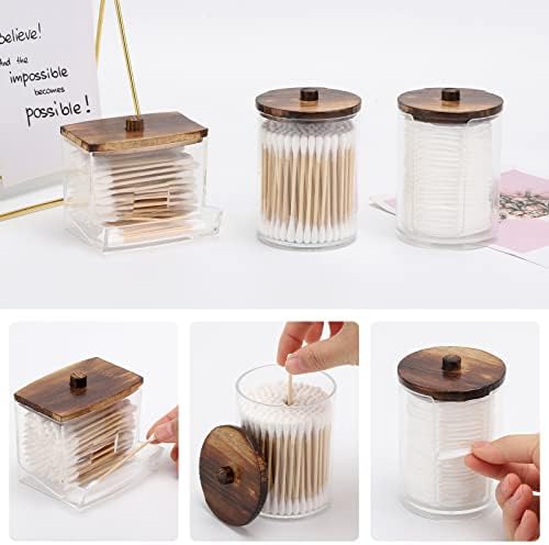 Tbestmax Bathroom Organizer Accessories Set-10 OZ Qtips Holder Storage with Wood Lids, Cotton Ball/Swabs Dispenser