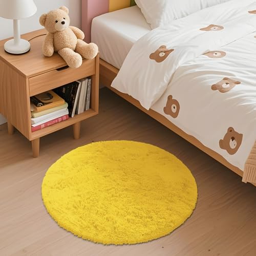 OLANLY Yellow Round Rugs for Bedroom - Machine Washable, 2 ft Circle Area Rugs for Living Room, Soft and Fluffy Shaggy