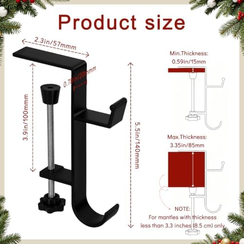 HMASYO 2-in-1 Christmas Garland & Stocking Holders for Mantle Set of 6, Black Adjustable Low-Profile Fireplace Hangers with Dual Hooks, Metal Stocking Hooks for Garland, Fits 0.5”-3.4”Mantels