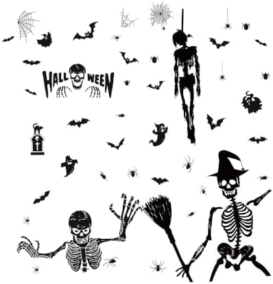 Halloween Skeleton Static Window Clings, Double Sided Ghost Bat Spider Stickers for Party