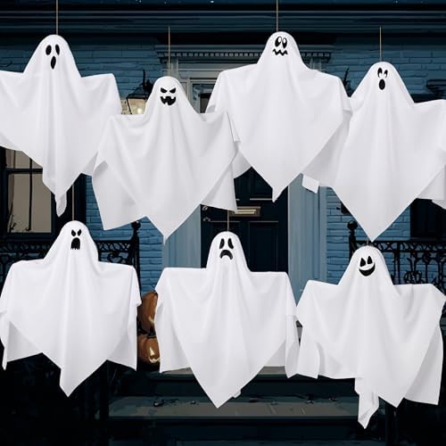 JOYIN 7 Pcs Halloween Hanging Ghost Decorations Outdoor, 19.6” Flying White Ghosts Decor for Halloween Tree Front Yard Patio Lawn Garden Party and Holiday Décor