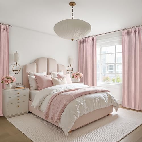 Pretty Light Pink Semi Sheer Curtains 96 Inches Long for Living Room 2 Panels Set, Memory Shaped Pinch Pleated 8 FT