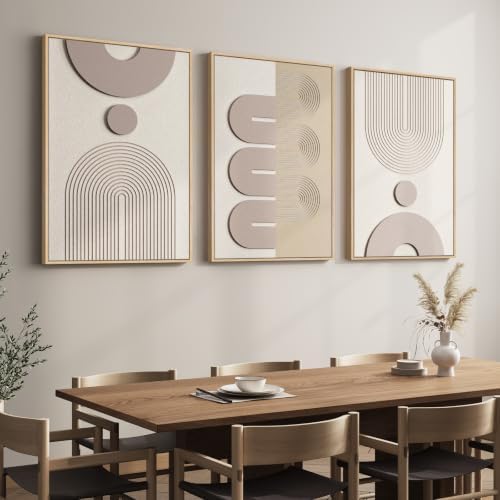 3D Large Framed Boho Neutral Abstract Wall Art for Living Room, 3 Piece