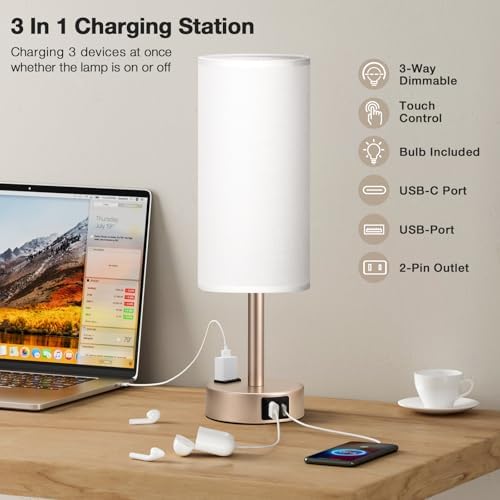 Antique White Bedside Table Lamp, Dimmable Touch Lamp, USB A+C, AC Outlet