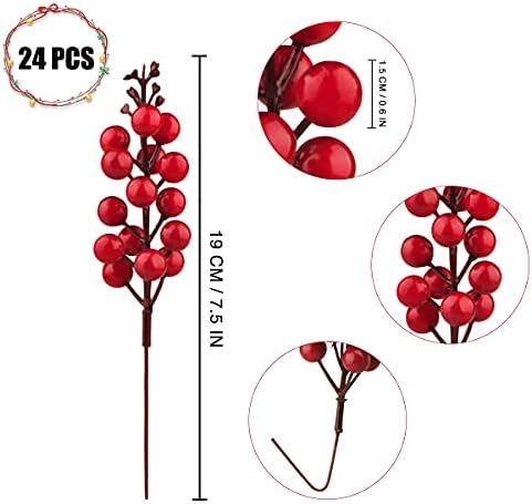 24 Pack Red Berry Stems, 7.5 Inch Artificial Burgundy Red Berry Picks Holly Red Berries Branches Christmas Berry Stem Picks for Christmas Tree DIY Crafts Wedding Holiday Season Winter Home Decor
