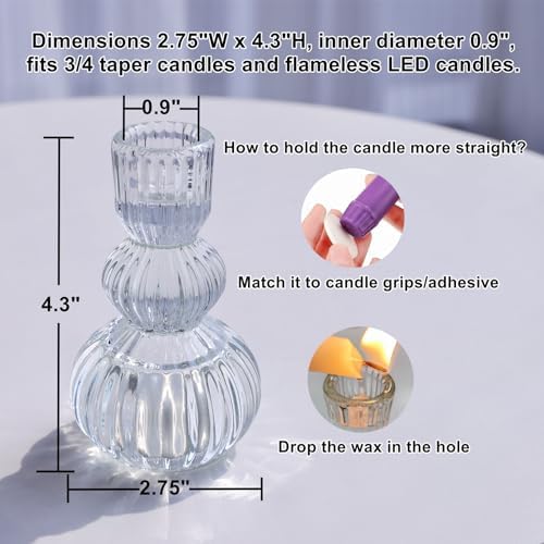 Woho 3pcs Clear Taper Candle Holders 4.3" H, Ribbed Candlestick Holders