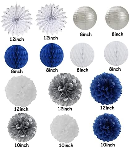 Navy-Blue White Silver Party Decorations - 14pcs Kits Paper Lanterns Fan,Tissue Flower Pom Poms Streamers,Honeycomb Balls,Graduation 2026 Men Birthday Wedding Baby Bridal Shower Decor Lasting Surprise